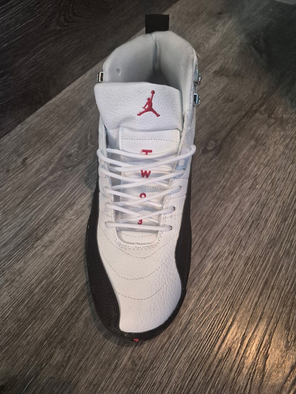 Jordan Men’s White Sneakers with Black Panels and Red Jumpman - Picture 10 of 10